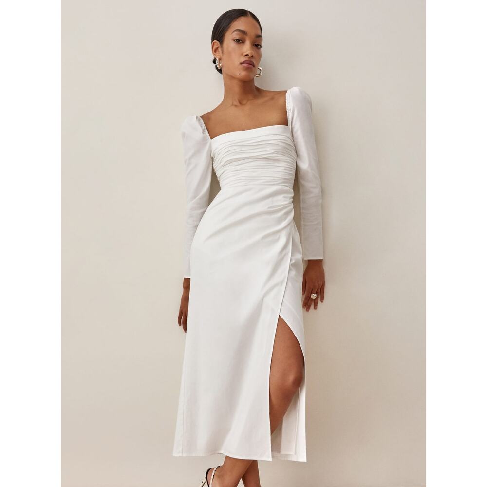 Reformation Isaac Bride Engagement Puff Long Sleeve Slit Midi Dress White 10 NWT
